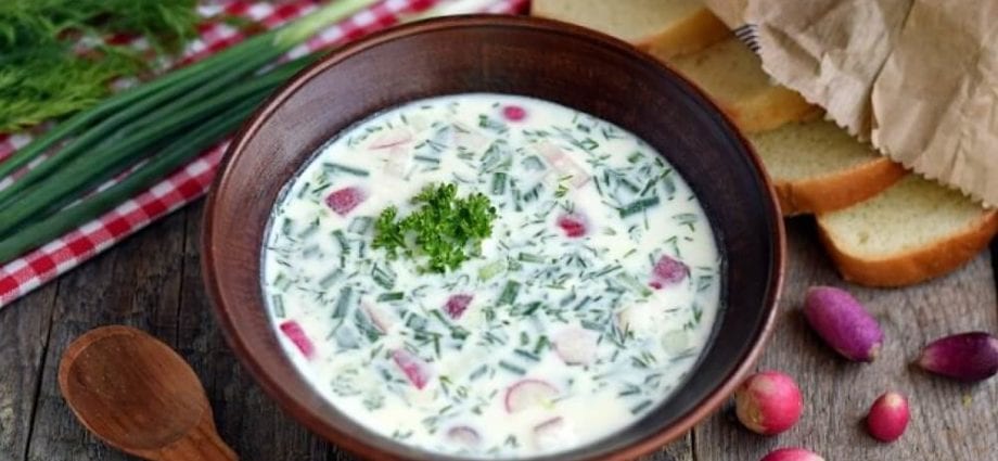 Recipe Okroshka meat with sour cream and beef, 1-192 each. Calorie, chemical composition and nutritional value.