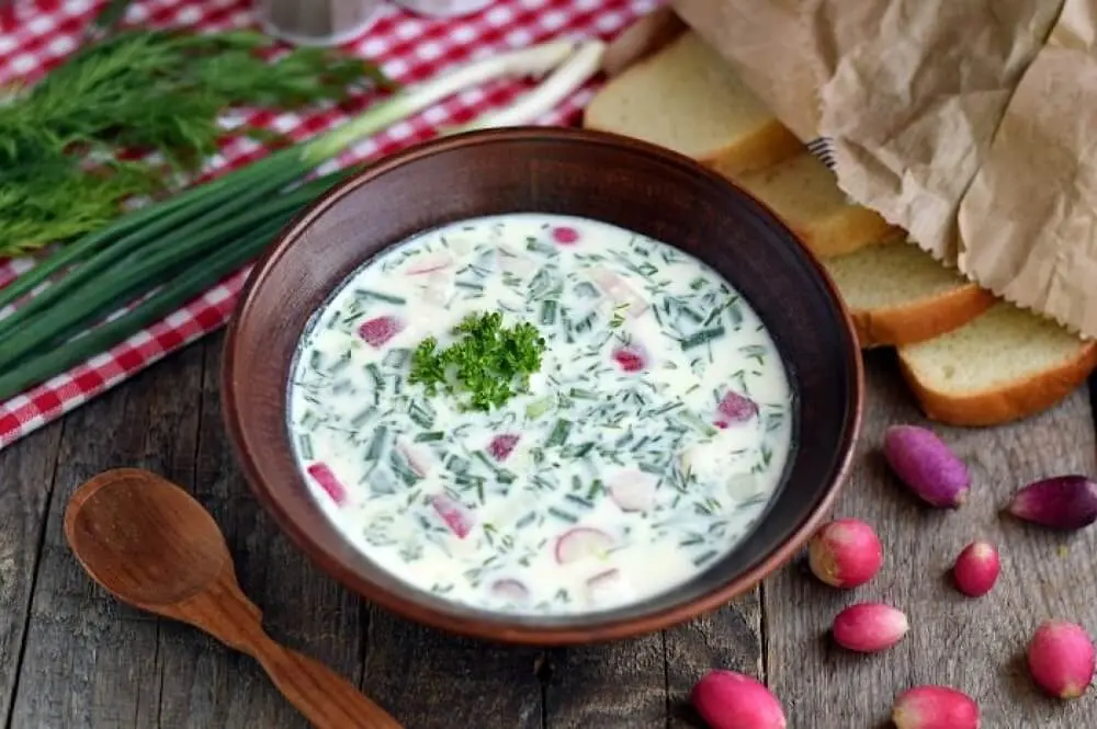 Recipe Okroshka meat on kefir with beef, 1-194 each. Calorie, chemical composition and nutritional value.