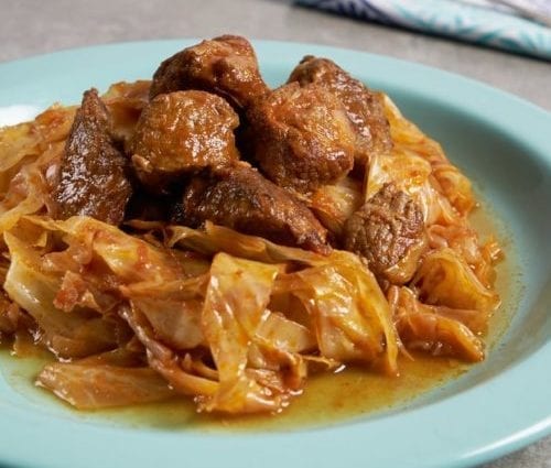 Recipe Pork stewed with cabbage. Calorie, chemical composition and nutritional value.