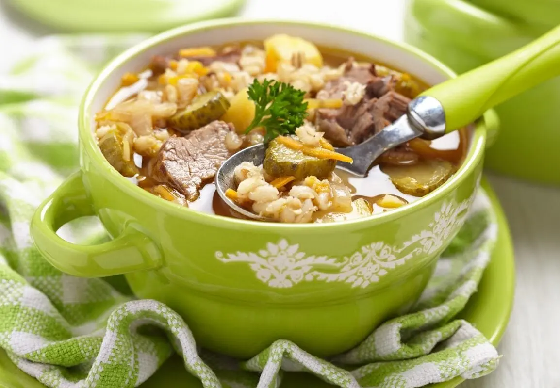 Recipe Rassolnik Leningrad. Calorie, chemical composition and nutritional value.