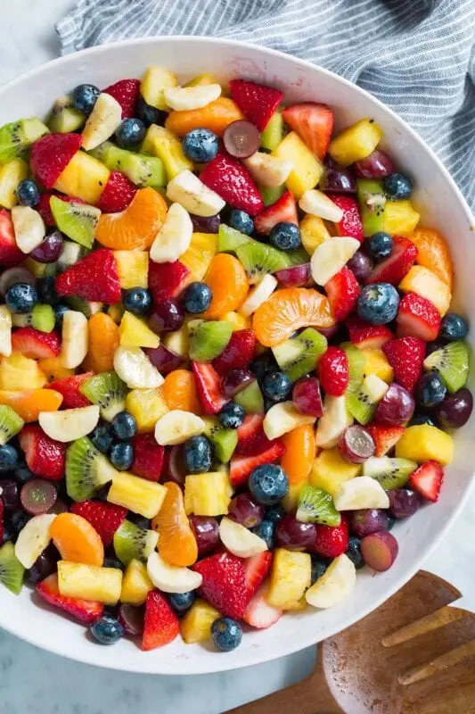 Recipe Salad from different fruits. Calorie, chemical composition and nutritional value.