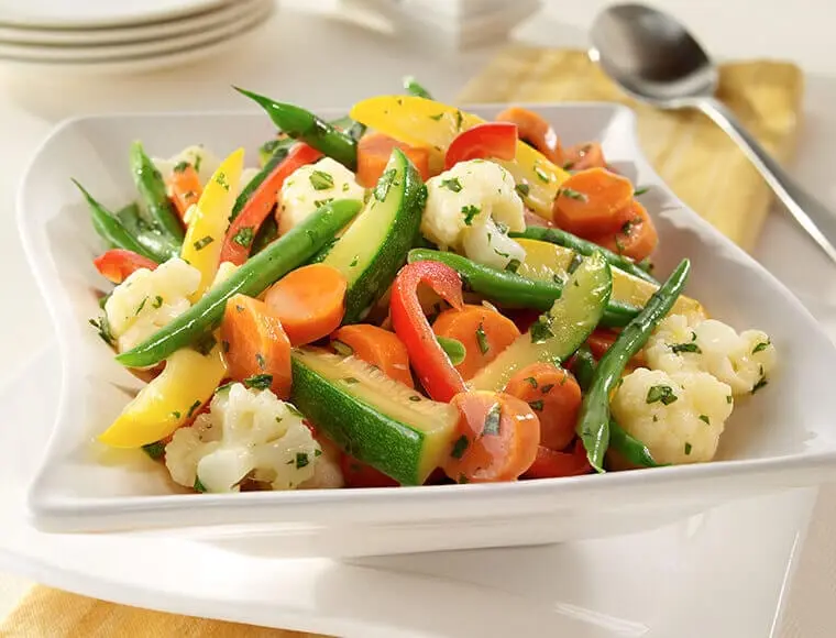 Recipe Steamed vegetables with fat. Calorie, chemical composition and nutritional value.