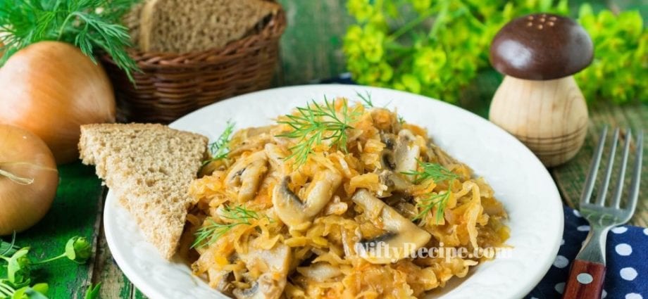 Recipe Stewed cabbage with mushrooms. Calorie, chemical composition and nutritional value.