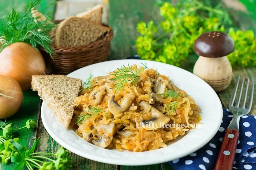 Recipe Stewed cabbage with mushrooms. Calorie, chemical composition and nutritional value.