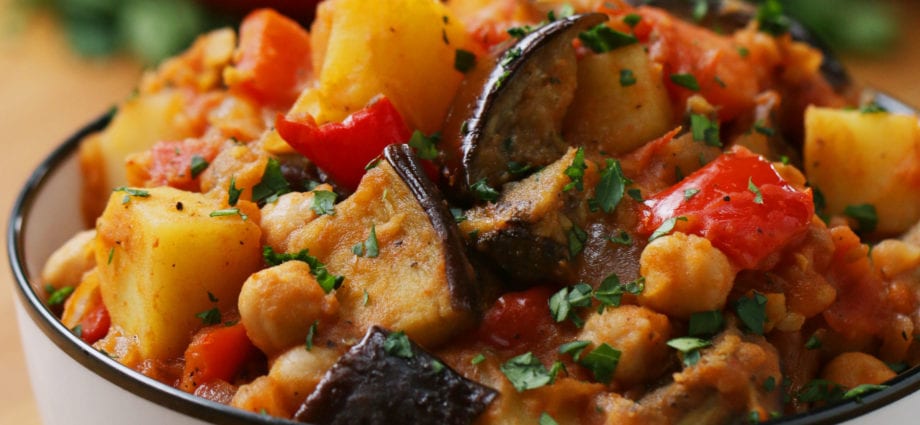 Recipe Stewed Eggplant with Tomatoes. Calorie, chemical composition and nutritional value.
