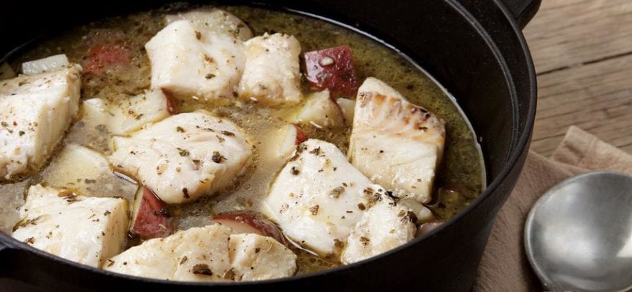 Recipe Stewed fish with white wine sauce. Calorie, chemical composition and nutritional value.