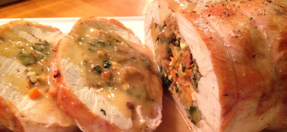 Recipe Stuffed chicken (galantine) or stuffed pig. Calorie, chemical composition and nutritional value.