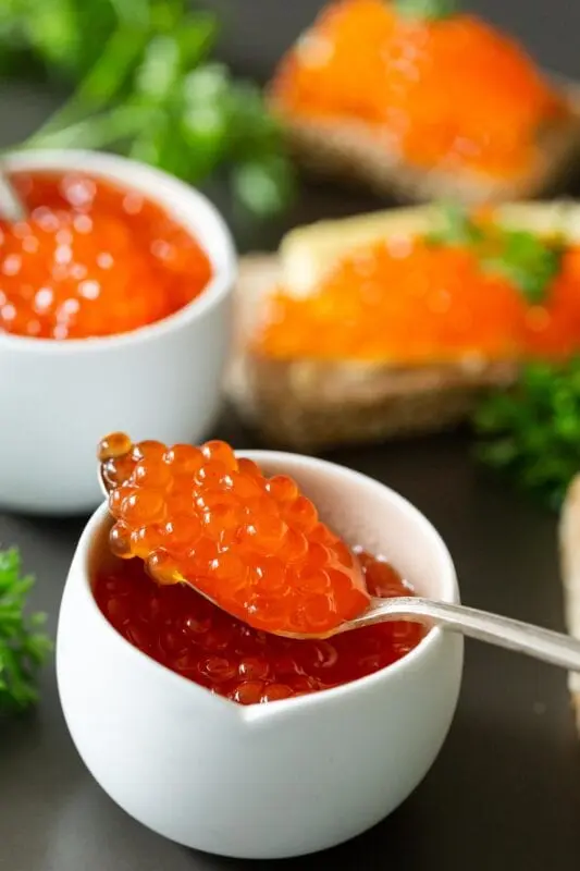 Recipe Sturgeon caviar and chum salmon caviar. Calorie, chemical composition and nutritional value.