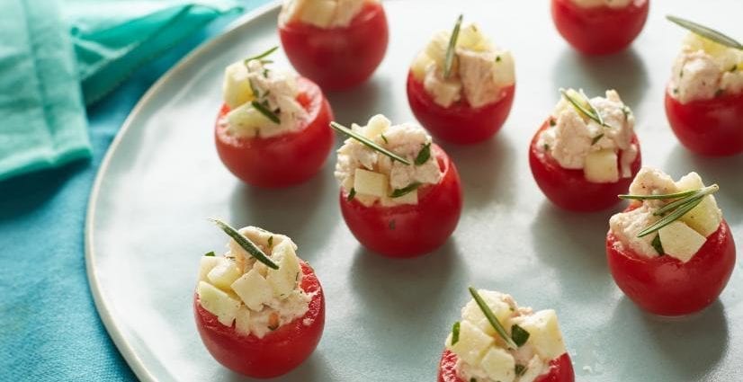 Recipe Tomatoes stuffed with apple and cucumber salad. Calorie, chemical composition and nutritional value.