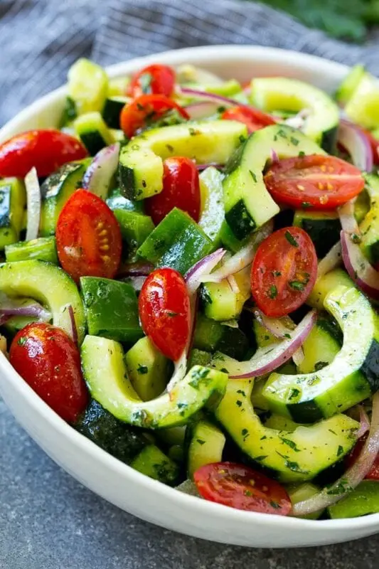 Recipe Tomato and Cucumber Salad. Calorie, chemical composition and nutritional value.