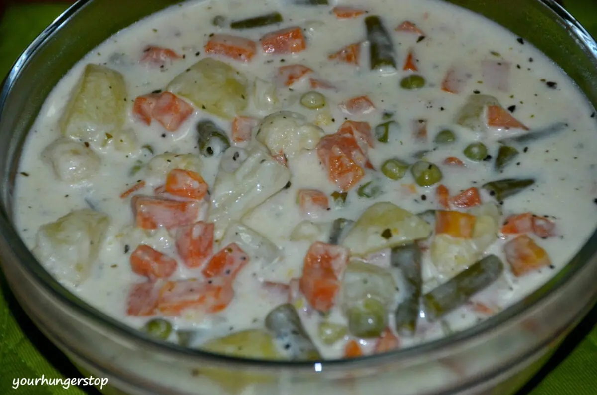 Recipe Vegetables in milk sauce (1st option). Calorie, chemical composition and nutritional value.