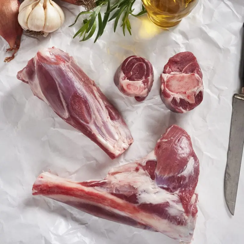 Shank, lamb meat and fat, trim to 1/4&#8243; fat, braised