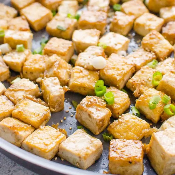 Tofu, fried, prepared with calcium sulfate