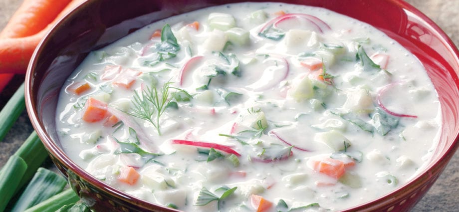 Vegetable Okroshka recipe. Calorie, chemical composition and nutritional value.