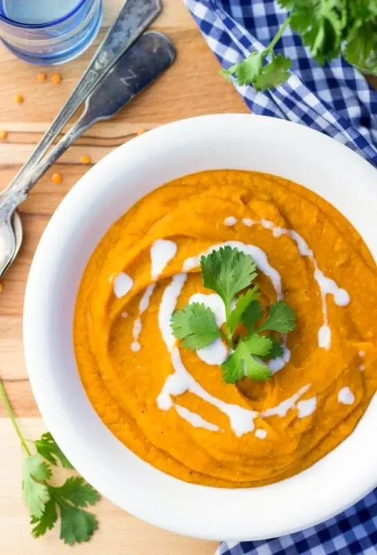 Sweet potato, carrot and red lentil puree soup with rosemary