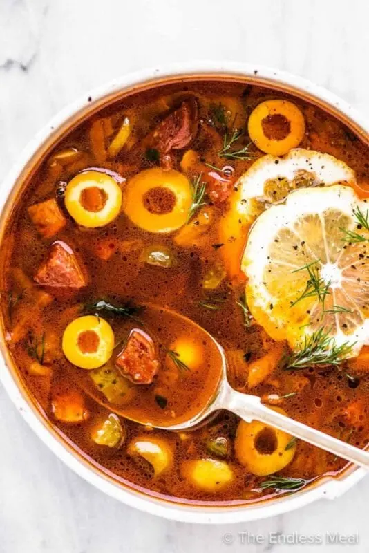 Solyanka soup on chicken broth