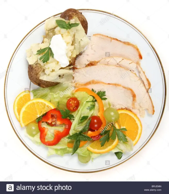 Turkey with baked potatoes and vegetable salad