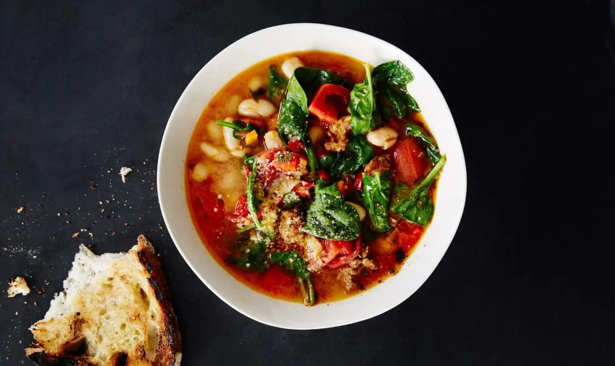 White bean soup with Cracow sausage and vegetables