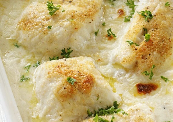 Cod baked in cream cheese sauce