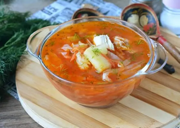 Fresh cabbage soup with chicken broth