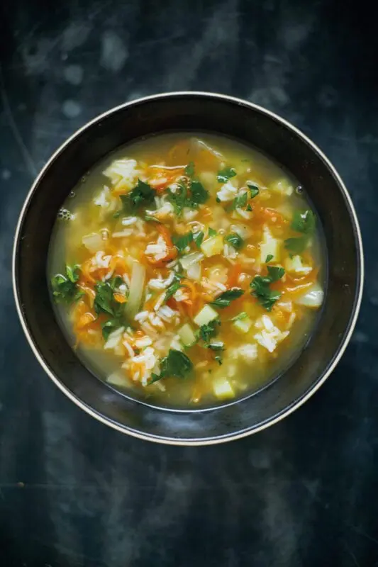 Soup with rice and potatoes without meat