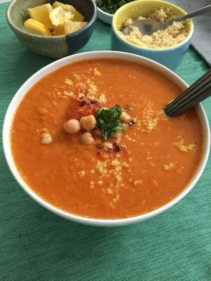 Tomato soup with couscous and lentils