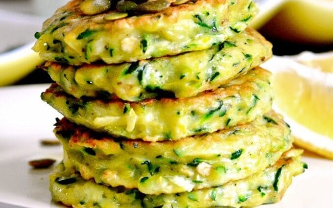 Zucchini pancakes with cottage cheese and salmon