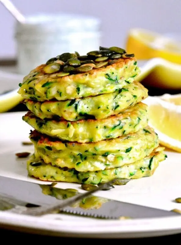 Zucchini pancakes with cottage cheese and salmon