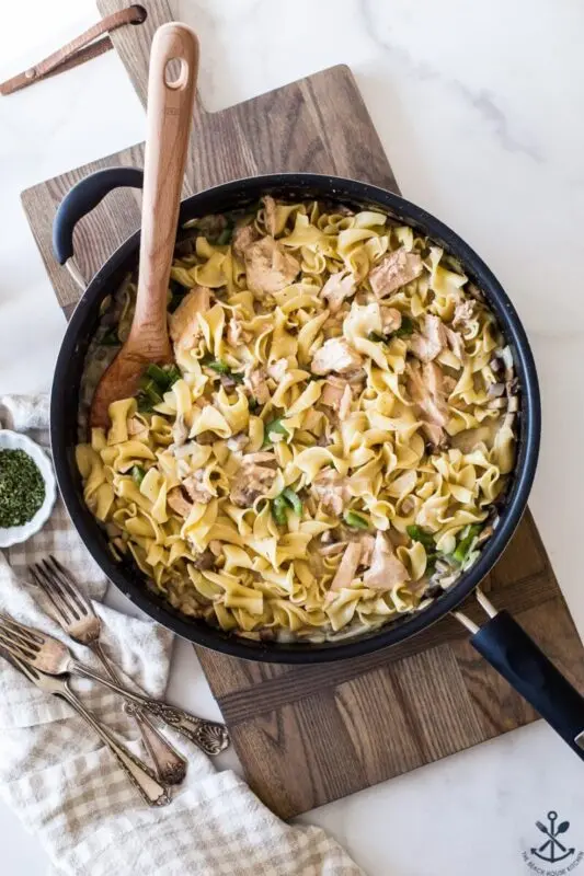 Casserole with tuna and noodles in a pan