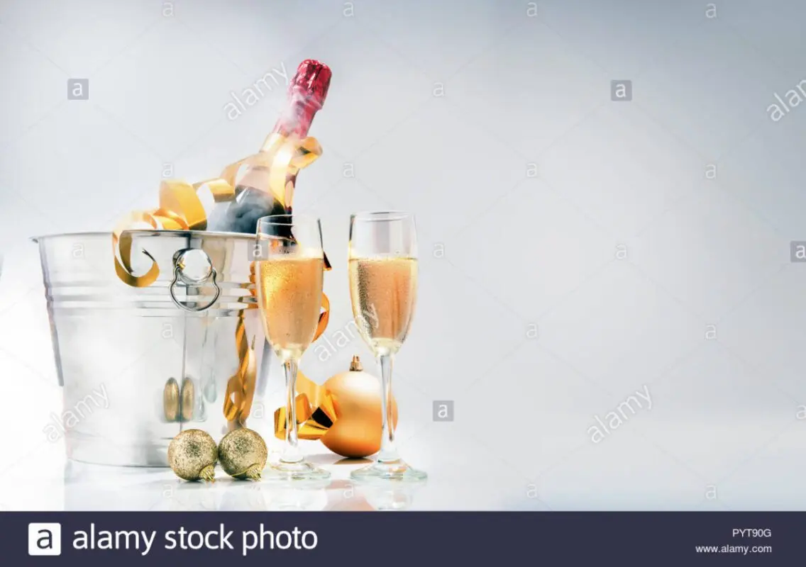 Champagne bottle decoration: tray, ribbon, bucket