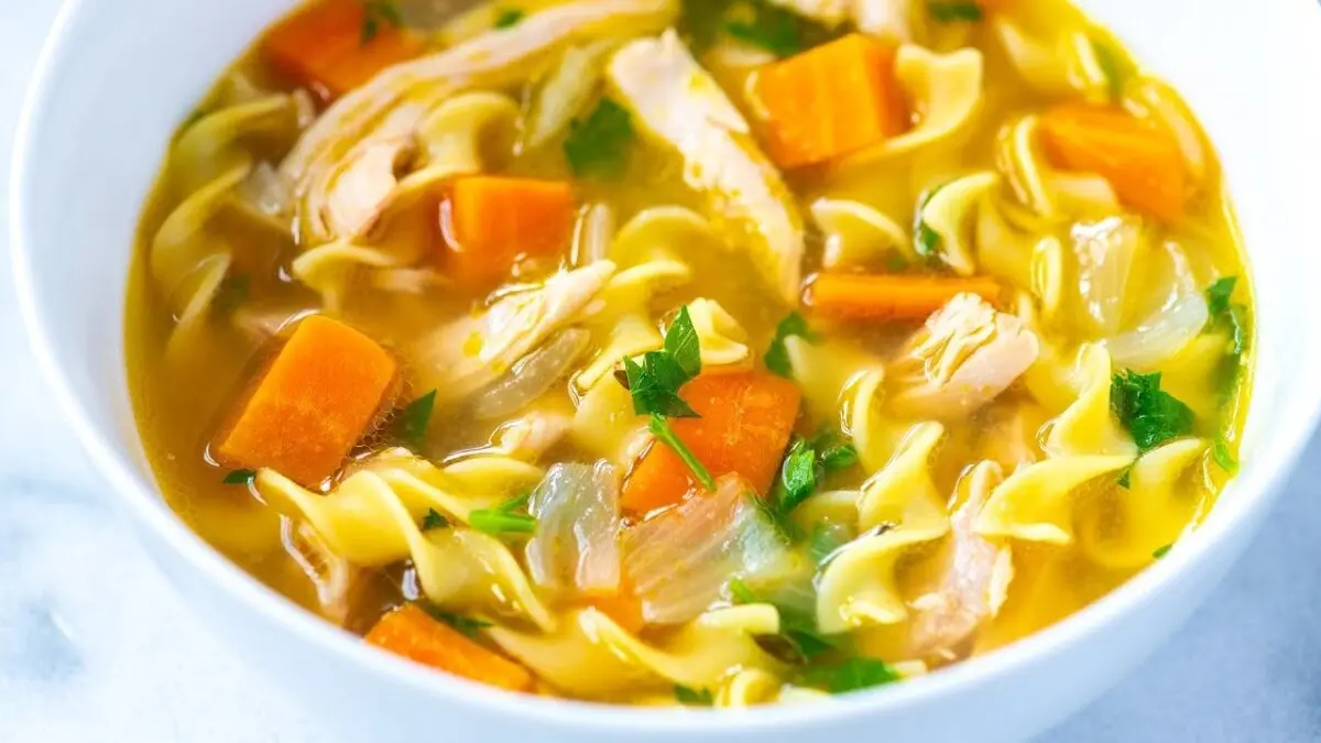 Noodle soup with chicken broth. Video recipe