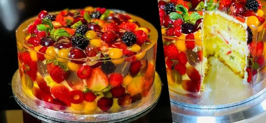 Jelly sponge cake with fruits. Video