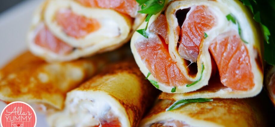 Pancakes with salmon and cheese. Video