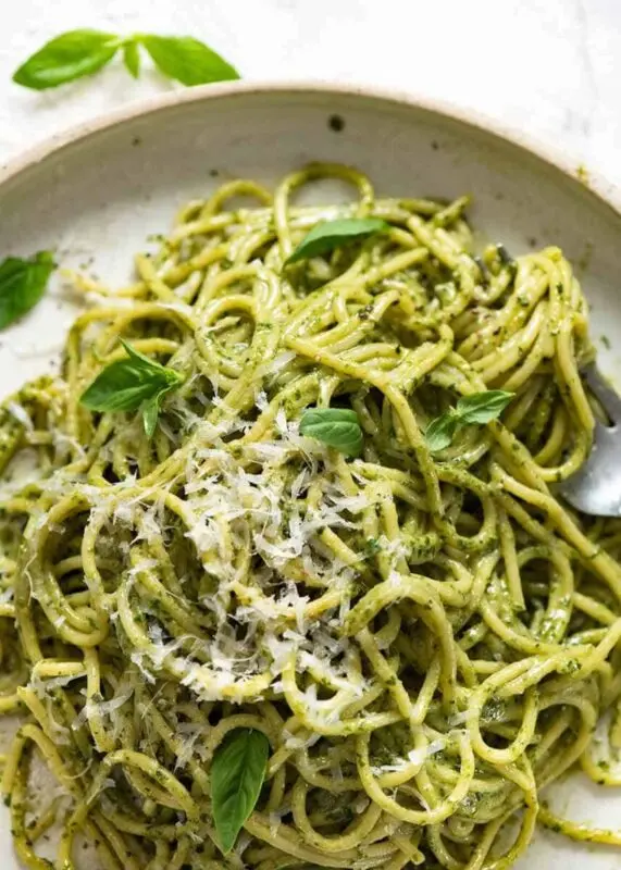 Pasta with pesto sauce: Italian noodles. Video