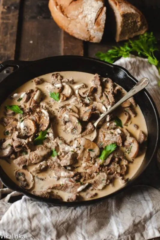 Pork beef stroganoff with sour cream sauce. Video recipe