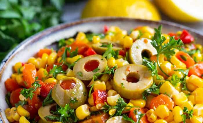 Salad with olives and corn: video recipe