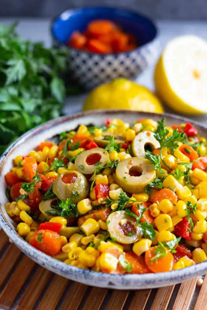 Salad with olives and corn: video recipe