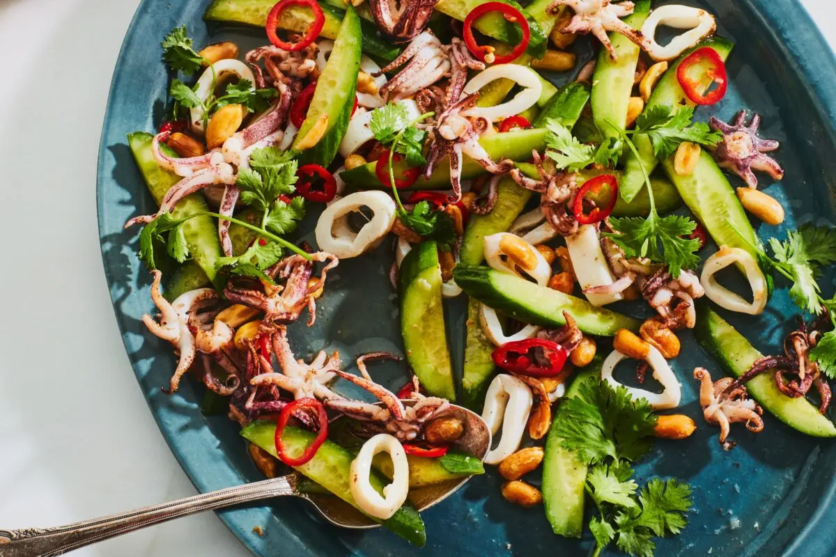 Squid and cucumber salad. Video recipe