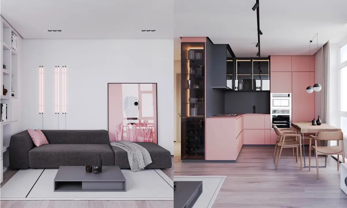 The combination of gray and pink in the interior