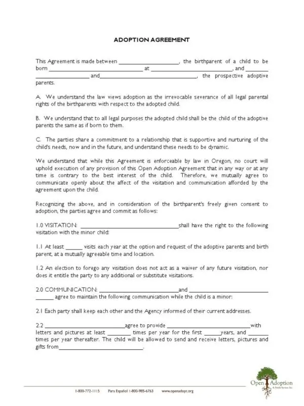 The letter of agreement to adopt a child