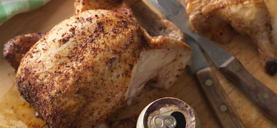 Chicken baked on a can of beer