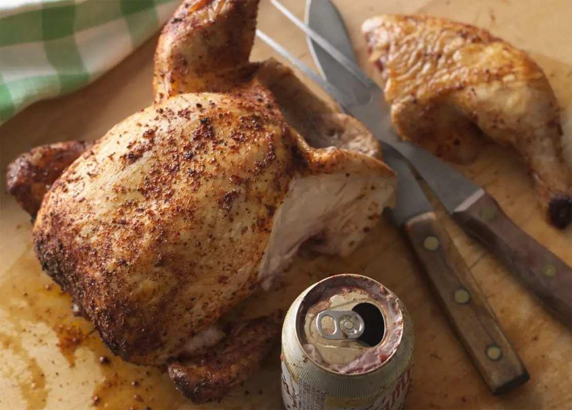 Chicken baked on a can of beer