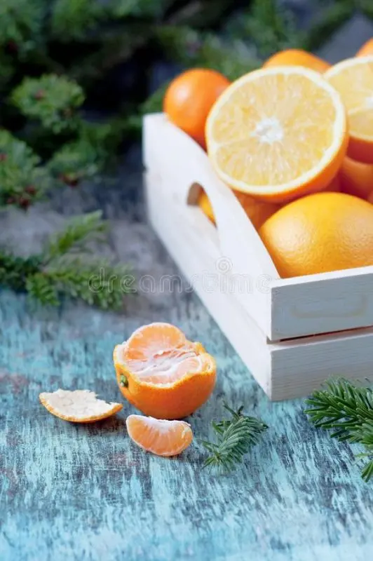 Festive tangerine zest with spruce branches