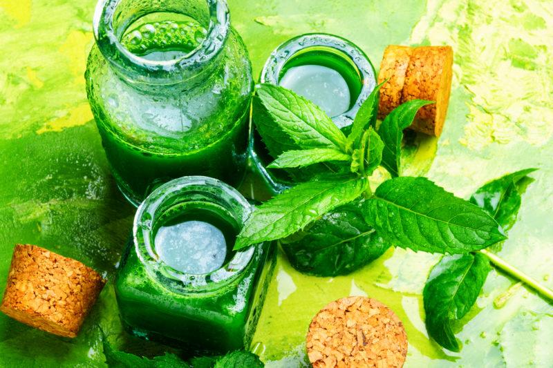 Homemade mint liqueur. Several cooking recipes