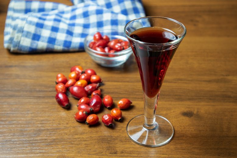 Homemade rosehip liqueur with citrus notes