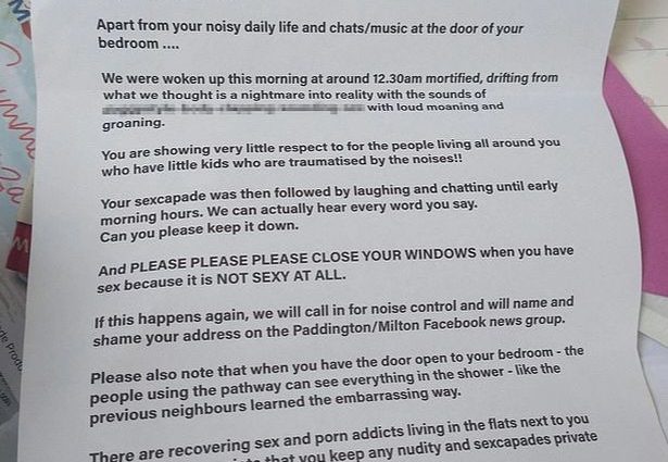 ‘Your bedroom walls are paper thin’: Passionate couple received letter from neighbors