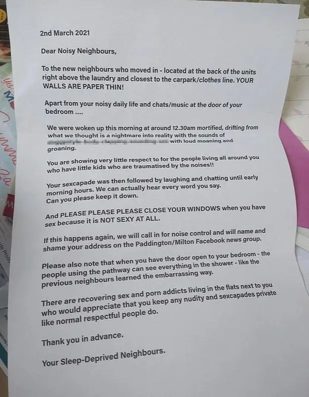 ‘Your bedroom walls are paper thin’: Passionate couple received letter from neighbors