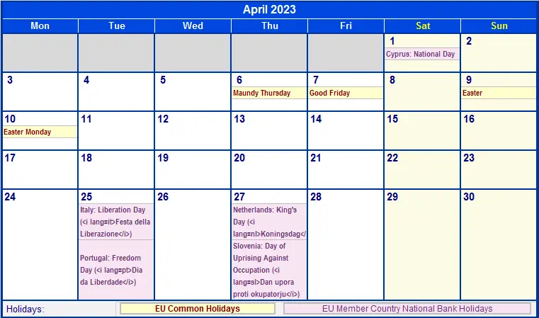 Weekends and public holidays in April 2023