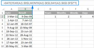 Adding and subtracting days, weeks, months and years in Excel