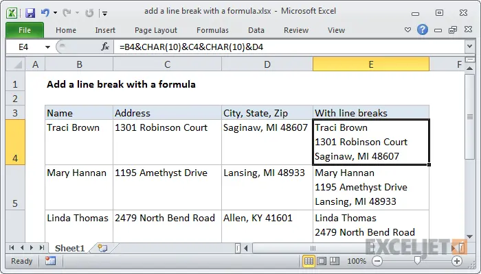 Adding line breaks in Microsoft Excel